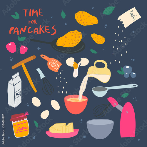 Pancakes making process. Ingredients and cookware crockery. Vector flat illustration