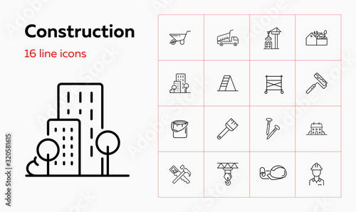 Construction site line icon set. Cart, crane, saw, worker. Construction concept. Can be used for topics like real estate, contractor tools, building works