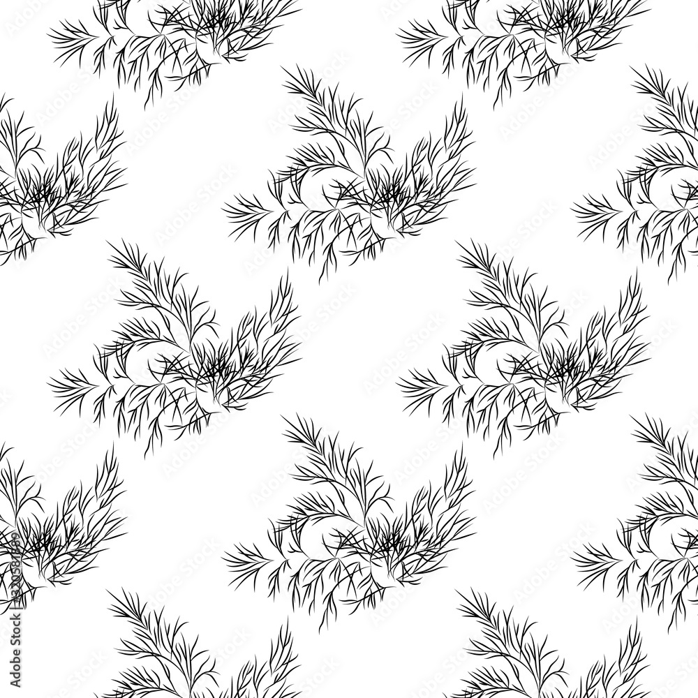 Dill herb branch ink sketch seamless pattern. Monochrome food ingredient backdrop.