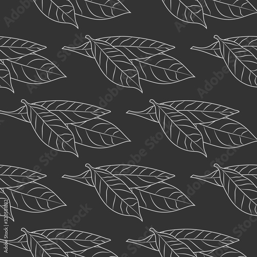 Bay leaves sketch seamless pattern on black background. Food ingredient wallpaper.