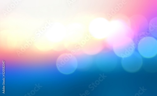 Bokeh pattern on blue pink yellow vibrant gradient background. Holiday lights abstract template. Wonderful illustration.