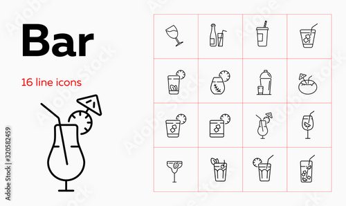 Bar line icon set. Takeaway cup, bottle, flute. Drink concept. Can be used for topics like tropical party, vacation, cold beverages