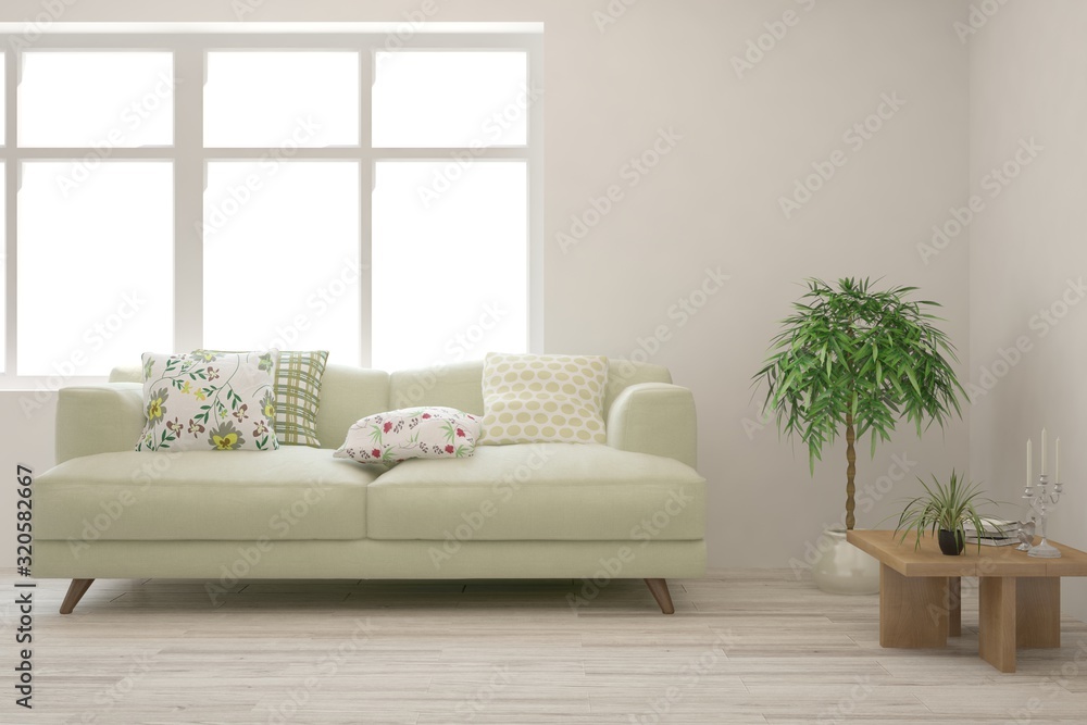 Stylish room in white color with sofa. Scandinavian interior design. 3D illustration Stylish room in white color with sofa. Scandinavian interior design. 3D illustration