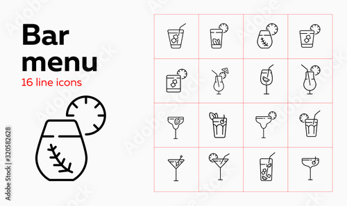 Bar menu line icon set. Mojito, lemonade, daiquiri. Drink concept. Can be used for topics like bar, tropical party, cold beverages