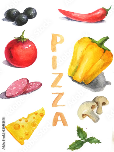 set of pizza ingridients isolated on white background