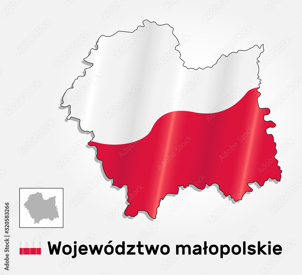 Naklejka premium Map of Poland voivodeship Lesser Poland combined with waving Polish national flag. Silhouette or borders for geographic themes - Vector .