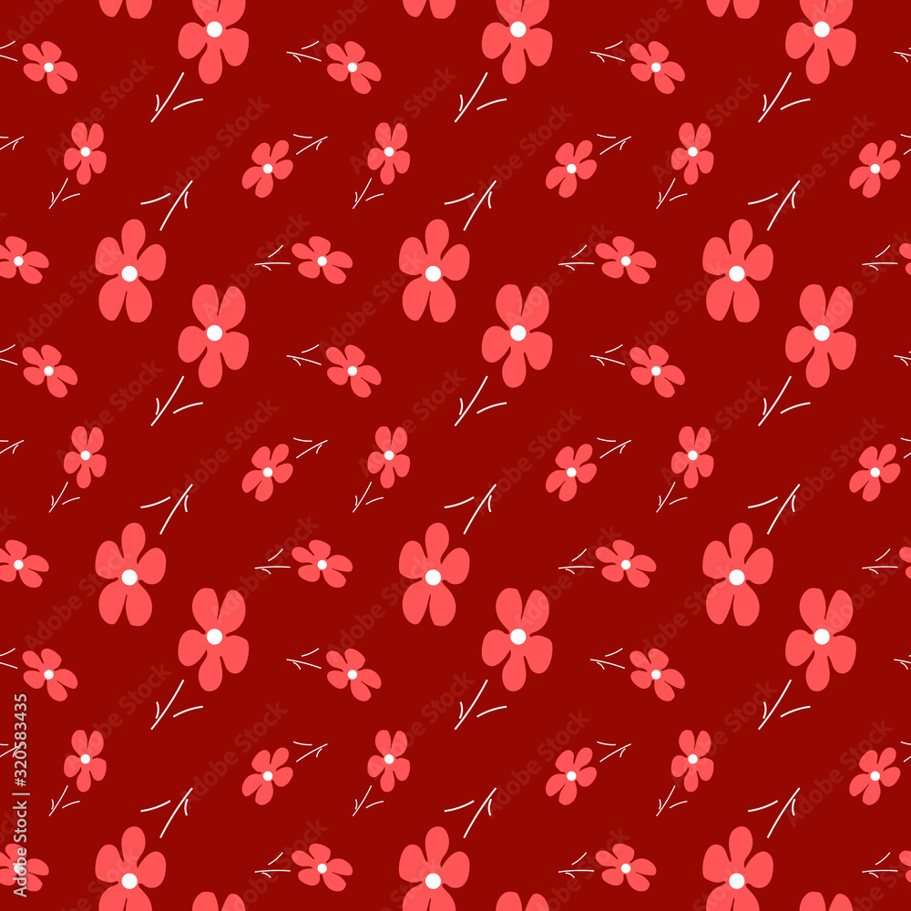Fototapeta premium Vector floral seamless pattern. Hand drawn botanical illustration , isolated on red background.Design template for wallpaper,fabric,wrapping,textile