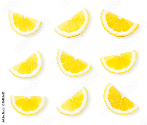 Set of lemon slices on a white background. The view of the top.