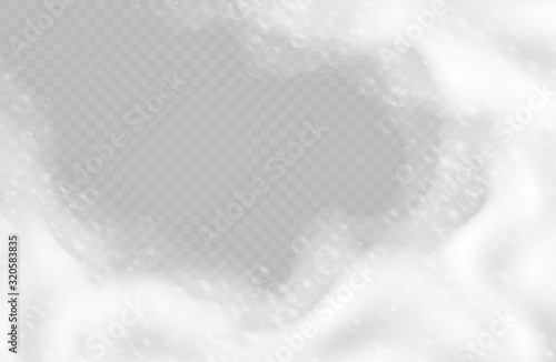Realistic bath foam with bubbles isolated on transparent background. Sparkling shampoo and soap lather border vector illustration.