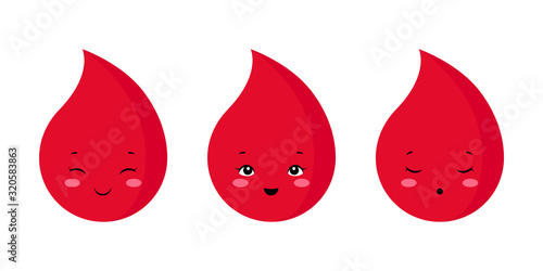 A set of three Kawaii blood drops. Cute characters to illustrate menstruation or the female period. Vector flat stock illustration isolated on white background