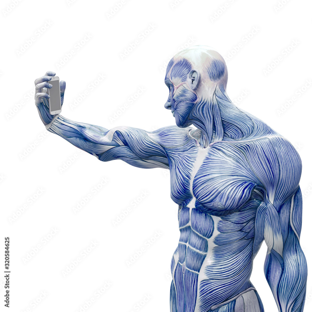 muscleman anatomy heroic body taking a selfie in white background muscleman anatomy heroic body taking a selfie in white background