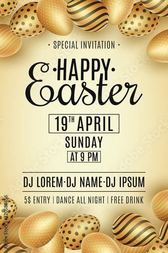 Easter party flyer. Scattered golden eggs with a pattern. DJ and club name. Invitation greeting card. Egg hunt event. Vector illustration