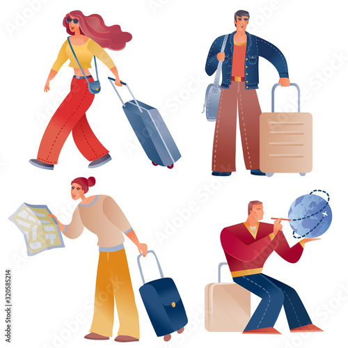 set of people who travel or go back home with bags and suitcases, isolated object on a white background, v