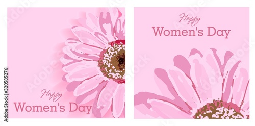 Set of greeting cards. Womens day text design with flowers and pink background. Vector illustration. Womens day greeting design. Template for poster, card, banner. March 8..