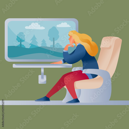 woman riding a train and bored leaning on a table with her hand, looking at the windows of a visible landscape and dreaming of something,
