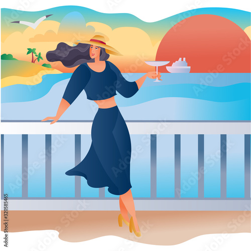 woman standing on the embankment leaning on the railing back to the setting red sun, holding a glass in her hands,