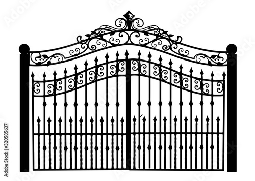 Gates forged sketch. Artistic forging. Iron door design. Vector illustration isolated on white background. Exterior. Garden gate.
