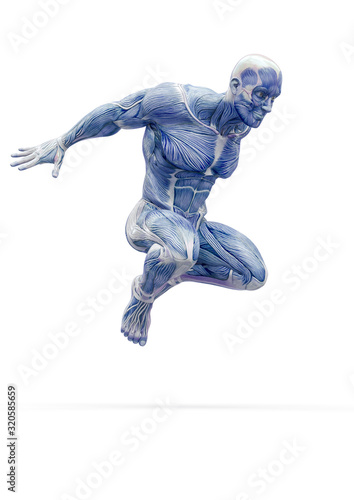 muscleman anatomy heroic body parkour jump in white background