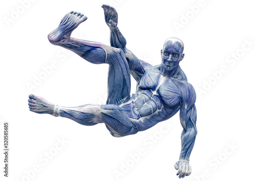 muscleman anatomy heroic body parkour jump pose two in white background