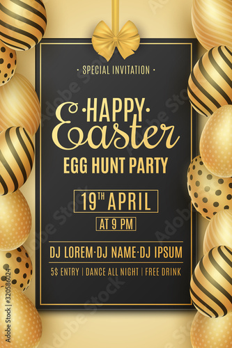 Easter party poster. Golden eggs with a pattern. DJ and club name. Invitation greeting card. Egg hunt event. Vector illustration