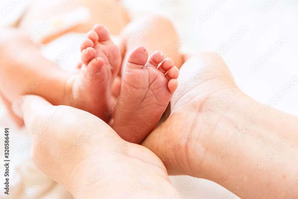 Newborn's legs are small in the hands of parents Newborn's legs are small in the hands of parents