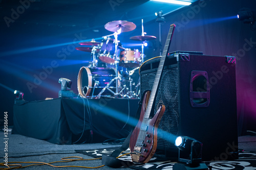Photography Guitar amplifier and drum kit on a stage