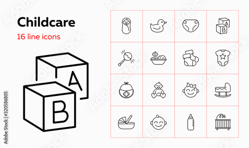 Childcare icons. Set of line icons on white background. Baby, diapers, cradle. Childbirth concept. Vector illustration can be used for topics like childhood, parenthood, children products
