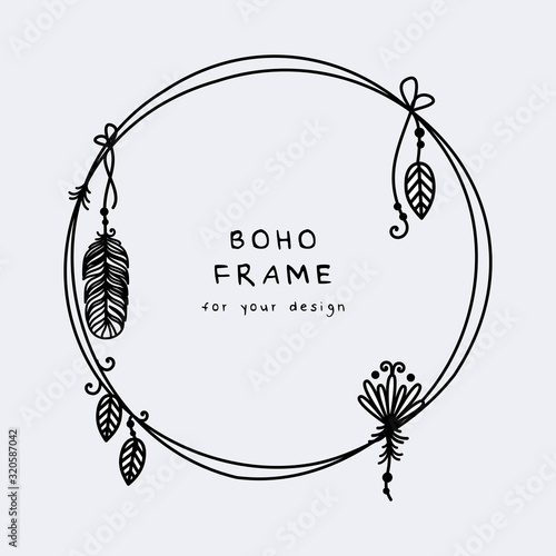 Beautiful boho frame with hanging feathers and leaves vector