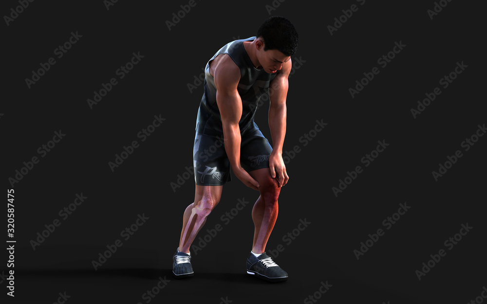 3d Illustration injured man feeling pain in his knee isolate on dark background with clipping path. 3d Illustration injured man feeling pain in his knee isolate on dark background with clipping path.