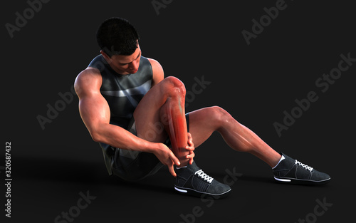 3d Illustration injured man feeling pain in his ankle isolate on dark background with clipping path.