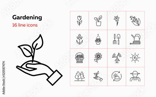 Gardening icons. Set of line icons on white background. Flowers, gardening tools, agricultural worker. Floriculture concept. Vector can be used for topics like plants, botany, agriculture