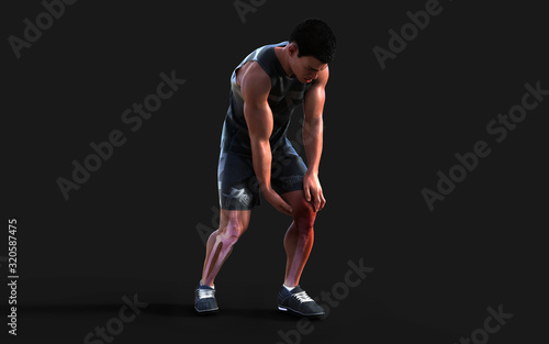 3d Illustration injured man feeling pain in his knee isolate on dark background with clipping path.