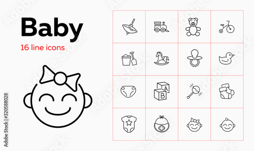 Baby line icon set. Diaper, teddy bear, crib. Child care concept. Can be used for topics like toys, nursery, children room