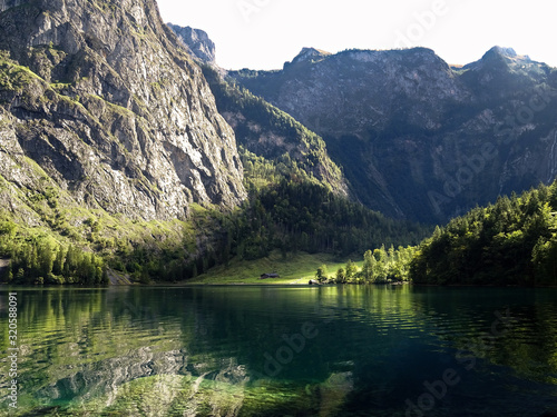 Lake Obersee with mountains of german alps in the background in scenic National park Berchtesgaden Bavaria  Germany