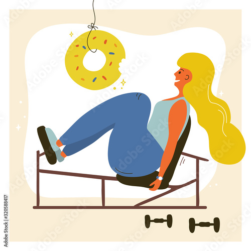 Vector illustration of cute girl in gym. Keep calm and eat donut. Body positive and sport motivation poster. Woman in sportswear do exercise in fitness center. Workout concept for banner, flyer, card.