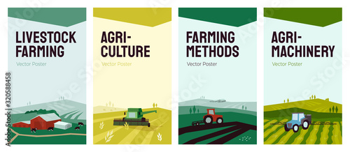 Set of banners with agriculture, livestock, farming concept. Vector illustrations of farm land, rural landscape, cows, tractor and combine harvester on field. Backgrounds for flyer, cover, poster, ad