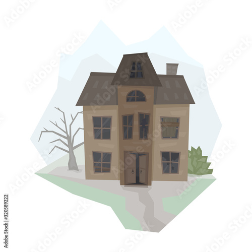 An old abandoned building with a ghost in the attic, opened doors, broken windows, a dead tree and a bush. Made from simple geometric vector shapes, with dirty dull colors, primarily brown and grey. 