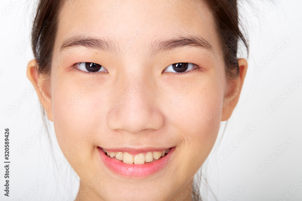 Portrait Young Asian Woman face on white