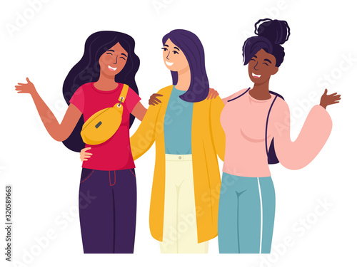 Fashionable friends of different races communicate together. Vector characters in cartoon flat style. Best friends. 