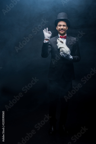 cheerful magician in suit and hat holding white rabbit and showing ok sign, dark room with smoke © LIGHTFIELD STUDIOS