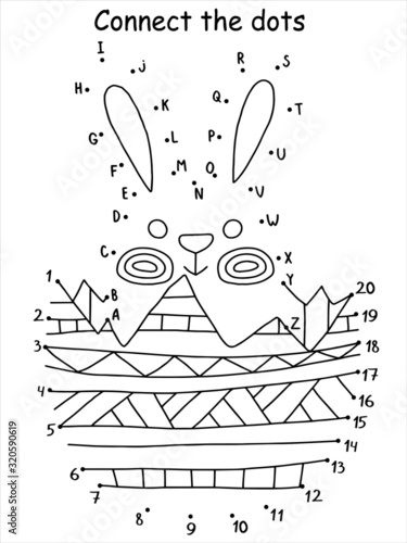Fototapeta Funny small Easter rabbit and a half of colored egg coloring page. Educational dot to dot game with letters and numbers for kids. Happy cartoon rabbit count game. Connect English alphabet and numbers.