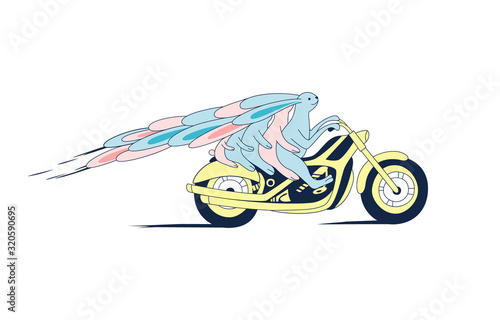 Big rabbit family on a motorbike hand drawn vector cartoon illustration. Cute bunnies travel with kids. Quick ride on a motorcycle. Postcard, kid’s book design element.
