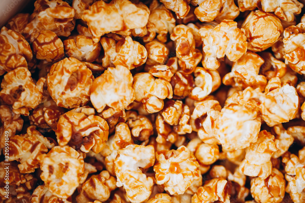 top view sweet caramelized candied popcorn in a white box top view sweet caramelized candied popcorn in a white box