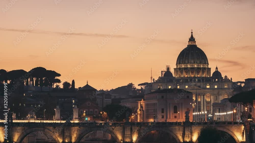Vatican, Italy. Papal Basilica Of St. Peter In The Vatican And Aelian Bridge In Evening Night Illuminations. Day To NIght Time Lapse. Sunset Time Vatican, Italy. Papal Basilica Of St. Peter In The Vatican And Aelian Bridge In Evening Night Illuminations. Day To NIght Time Lapse. Sunset Time