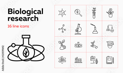 Biological research icons. Set of line icons. Leaf, laboratory, experiment. Study concept. Vector illustration can be used for topics like chemistry, microbiology, ecology