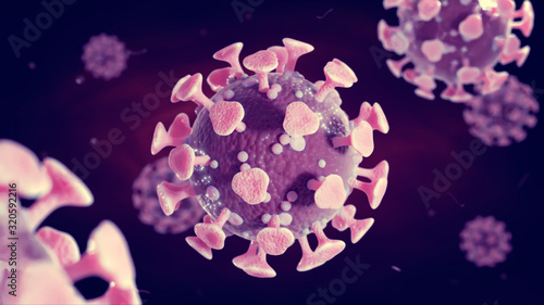 Microscopic view of a coronavirus. The virus has four surface proteins E, S, M and HE. The S protein (the spikes) gives the crown-like appearance, for which the virus is named. Medical 3d render.
