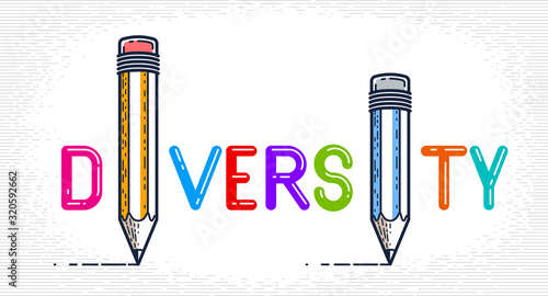 Diversity word with pencil instead of letter I, variety and personality concept, vector conceptual creative logo or poster made with special font.