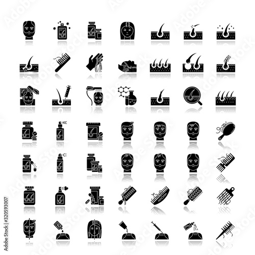 Hair loss drop shadow black glyph icons set. Baldness and alopecia treatment. Laser therapy for hairloss. Female and male hair thinning problem aid. Isolated vector illustrations on white space