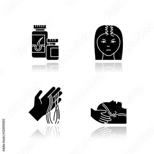 Hair loss drop shadow black glyph icons set. Female baldness. Alopecia treatment. Woman with thinning hair. Strands of hair on hand. Vitamin supplements. Isolated vector illustrations on white space