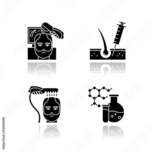 Hair loss drop shadow black glyph icons set. Laser therapy for men's thinning hair. Medical injection for alopecia. Male hair loss treatment. Dermatology. Isolated vector illustrations on white space